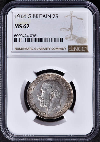 【俄甄集藏】马年新春第一拍 2026年(048)02-25星期三 晚 19:30 全场包邮 - 英国1914年乔治五世1福林银币，NGC MS62，黄油环彩，转光品相