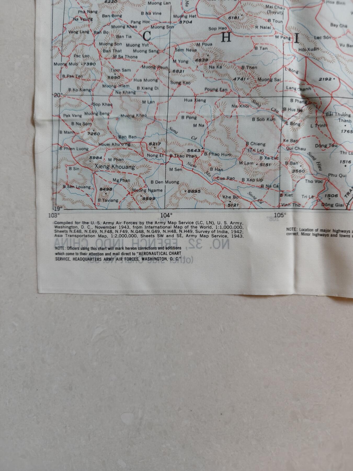 老王徽章第181期 美国二战陆军航空兵逃生图     中国战区     中国中部地区+法属印支地区       尺寸约60×80cm      少见地区