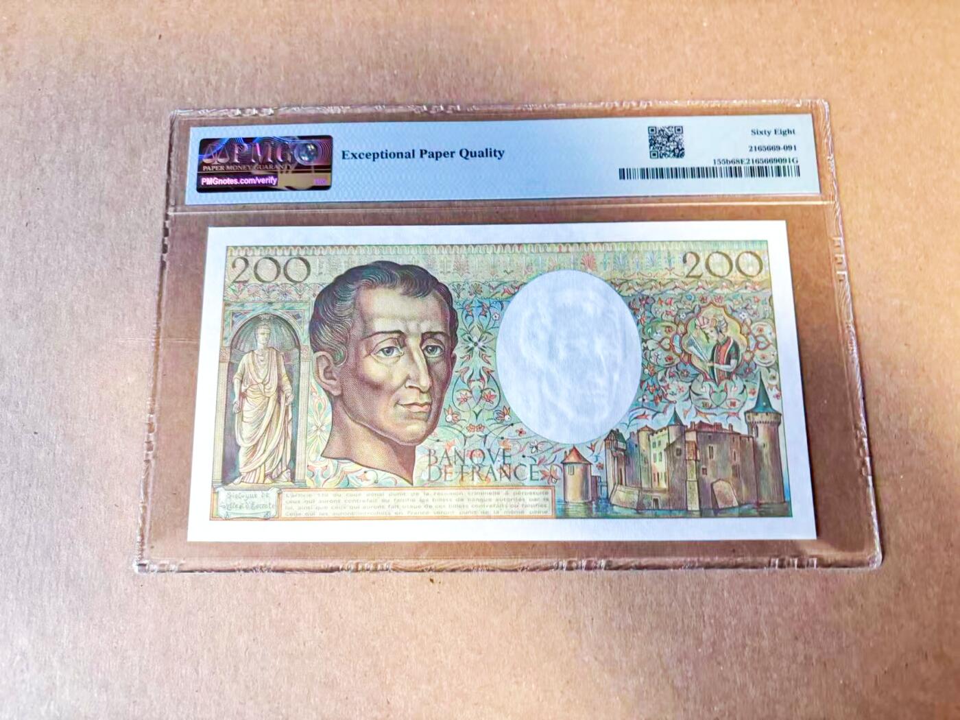 【Blue Auction】世界纸币精拍第785期——18级TOP拍卖/信誉/品质/专业/高效💫 【b版】法国 1987年200法郎 孟德斯鸠 PMG68EPQ 高分