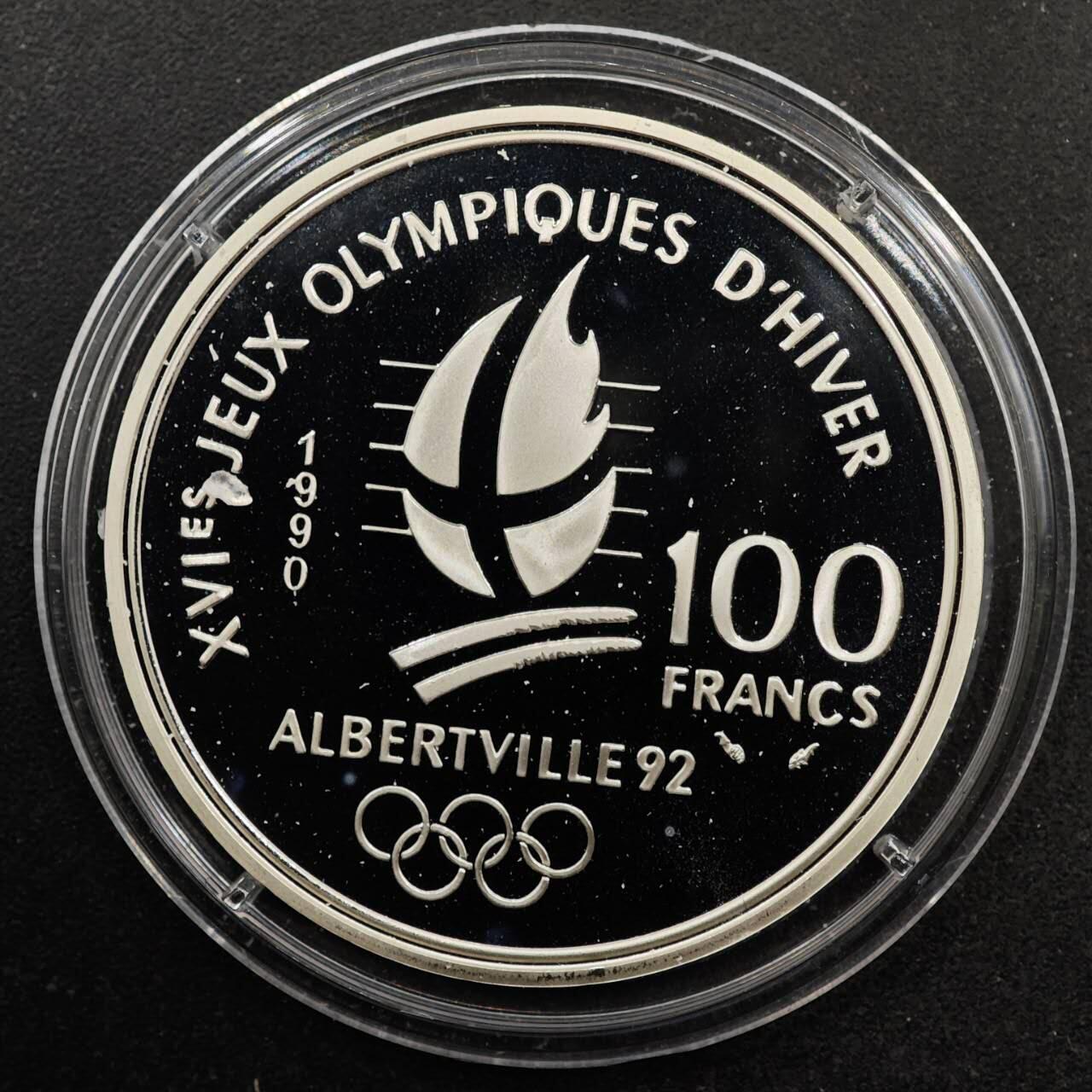 【淘币小摊】实时拍第八百七十拍   银币套币场    年前最后一场周一预留全部发出 本场无中意拍品可私信周日发货请更换最新收货地址不方便收货的请勿参拍或者顺丰到付 法国1990年100法郎精制银币 阿尔贝维尔冬奥会-速度滑冰 22.2克900银