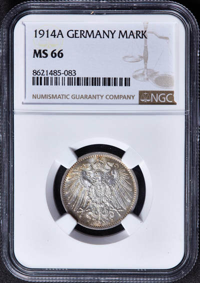【俄甄集藏】马年新春第一拍 2026年(048)02-25星期三 晚 19:30 全场包邮 - 德国1914年A版1马克银币，NGC MS66，黄油环彩，车轮转光，顶级状态