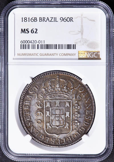 【俄甄集藏】马年新春第一拍 2026年(048)02-25星期三 晚 19:30 全场包邮 - 葡属巴西1816年若昂六世B版960瑞斯大银币，NGC MS62，黄油彩原味老包浆