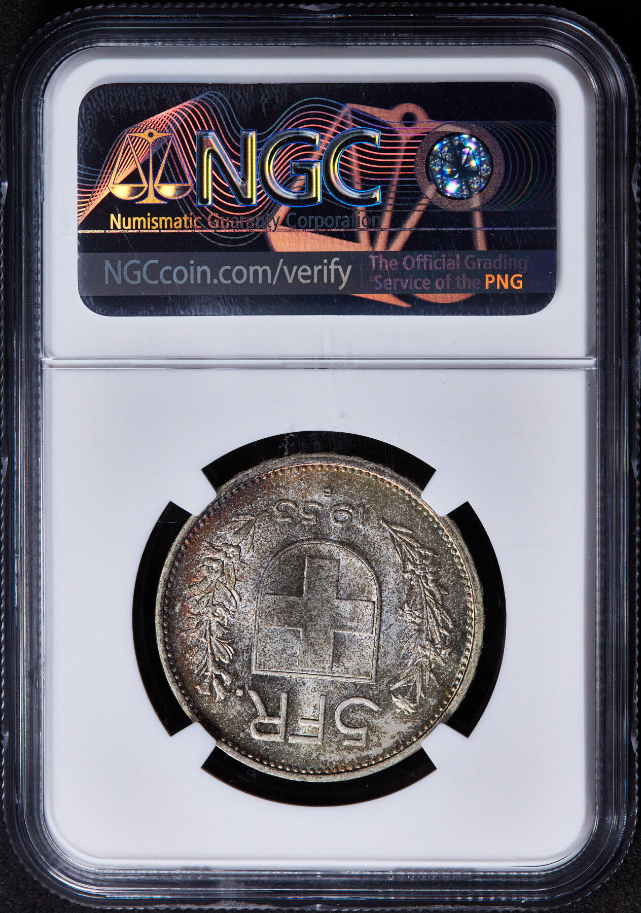 【俄甄集藏】马年新春第一拍 2026年(048)02-25星期三 晚 19:30 全场包邮 瑞士1953年B版5法郎银币，NGC MS63，五彩转光品相