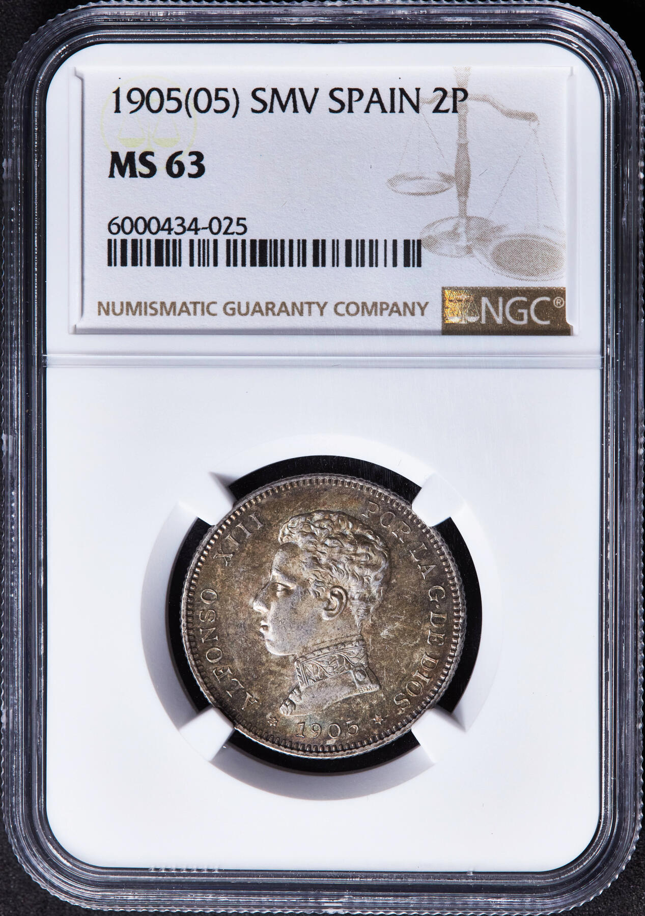 【俄甄集藏】马年新春第一拍 2026年(048)02-25星期三 晚 19:30 全场包邮 西班牙1905年阿方索十三世骑字版2比塞塔银币，NGC MS63，原味五彩包浆，转光品相