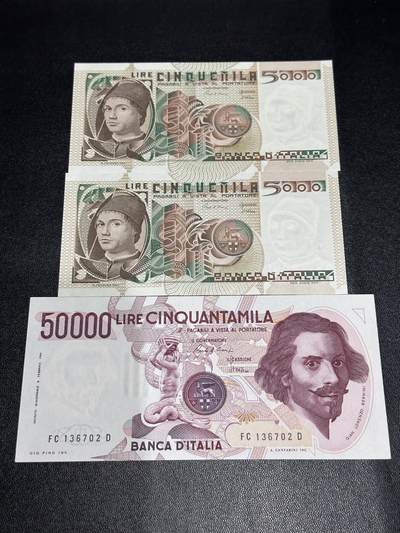 《外钞收藏家》第六百一十期（新年假期场/年后快递恢复正常再发货）（长期征集拍品、欢迎藏友们联系合作） - 意大利5000里拉2张连号AA冠 全新+5万里拉AU 一起