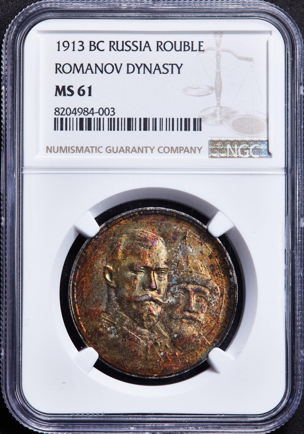 【俄甄集藏】马年新春第一拍 2026年(048)02-25星期三 晚 19:30 全场包邮 沙俄1913年罗曼诺夫王朝300周年flat版1卢布纪念银币，NGC MS61，稀少FLAT平打版，黄金包浆，原味底光