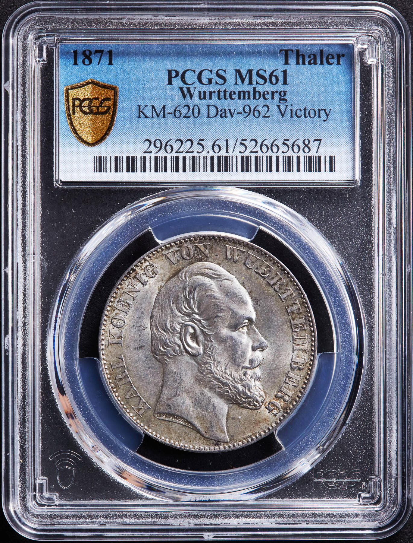 【俄甄集藏】马年新春第一拍 2026年(048)02-25星期三 晚 19:30 全场包邮 德国符腾堡1871年卡尔一世胜利1泰勒银币，PCGS MS61，黄油彩，转光品相，疑似低评