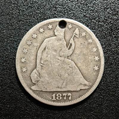 【德藏】世界币章拍卖第165期（拍品征集中~欢迎藏友联系） - 1877年 美国坐洋半美元银币 有打孔 直径约：30.4mm；重约：11.7g