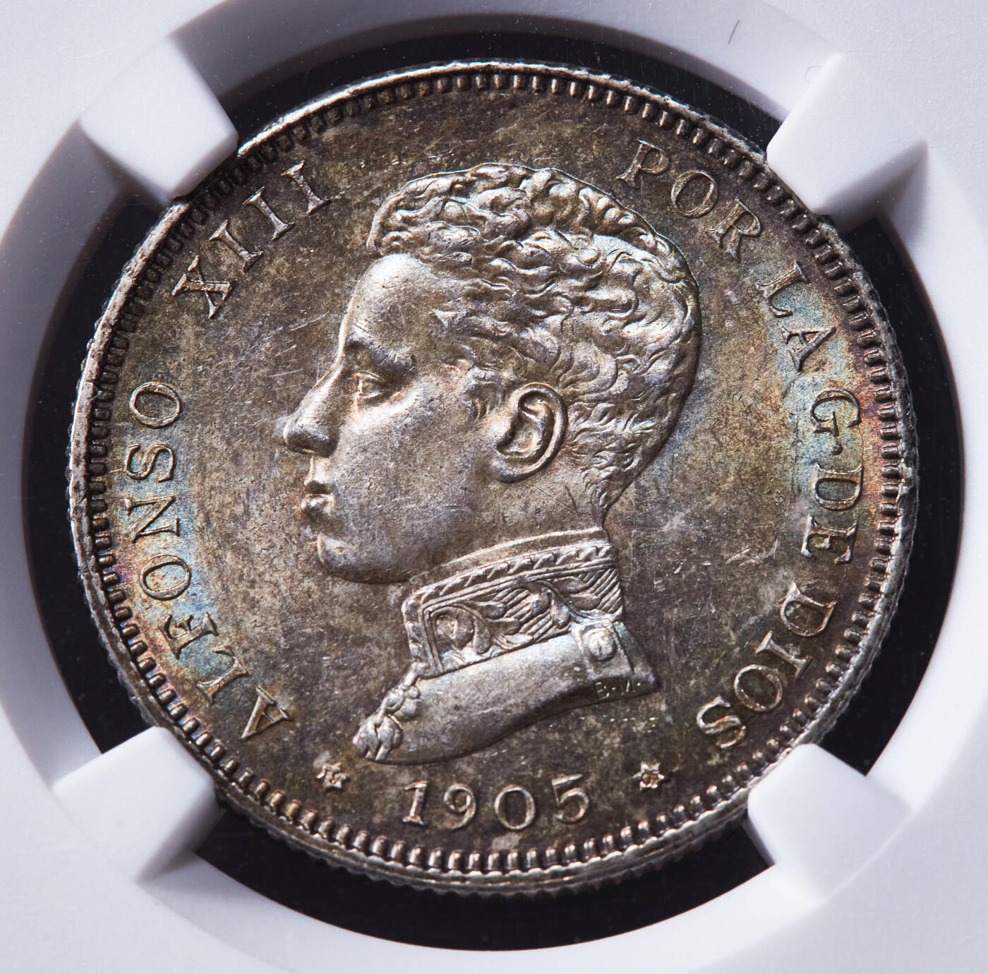 【俄甄集藏】马年新春第一拍 2026年(048)02-25星期三 晚 19:30 全场包邮 西班牙1905年阿方索十三世骑字版2比塞塔银币，NGC MS63，原味五彩包浆，转光品相