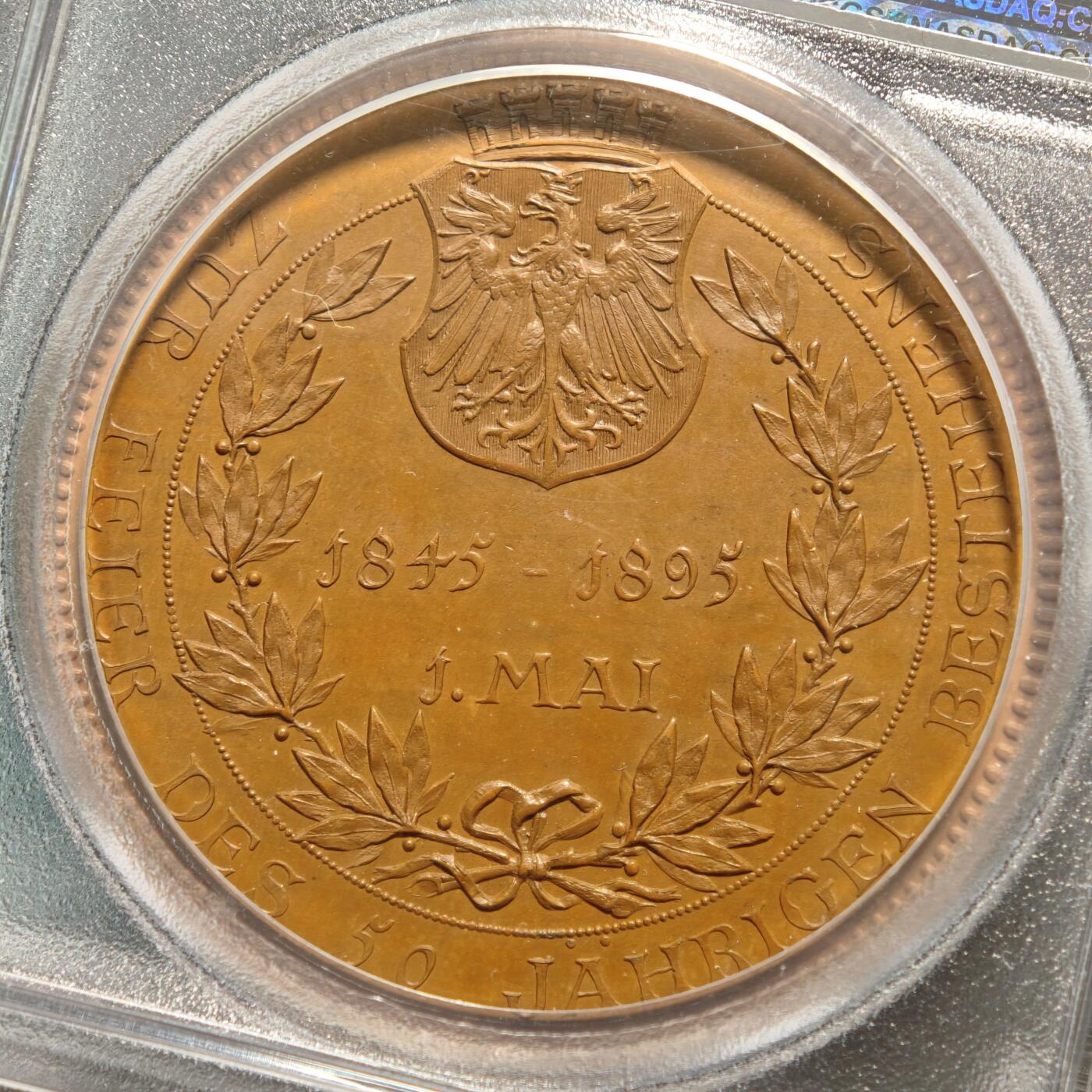 【德藏】世界币章拍卖第165期（拍品征集中~欢迎藏友联系） 1895年 德国法兰克福纪念德意志凤凰保险公司成立50周年铜章 PCGS MS64 少见品种