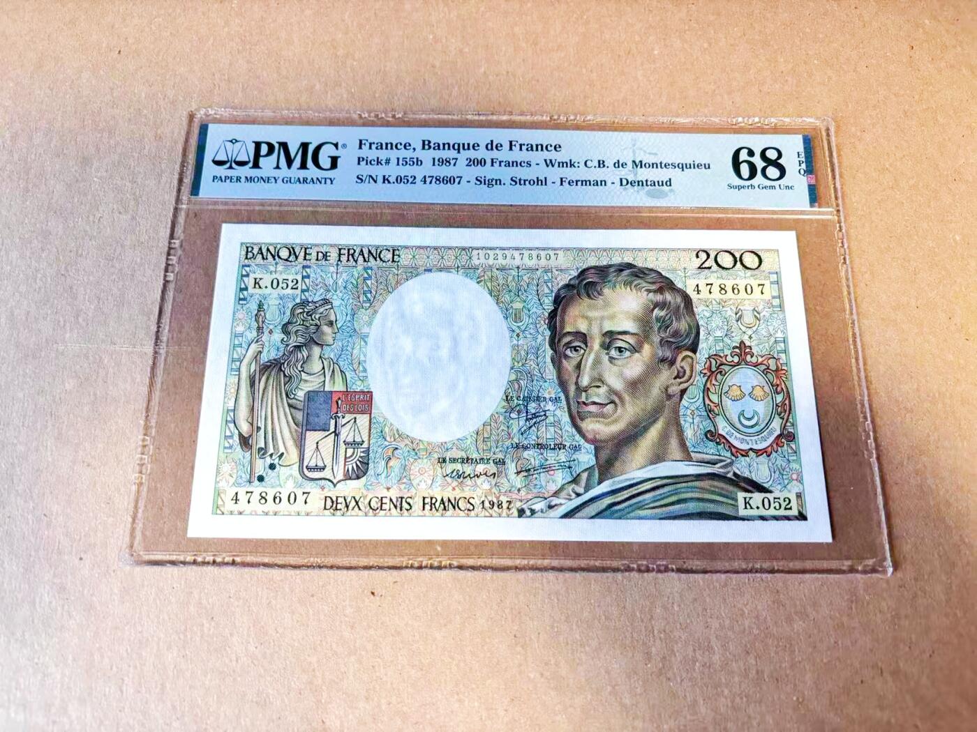 【Blue Auction】世界纸币精拍第785期——18级TOP拍卖/信誉/品质/专业/高效💫 【b版】法国 1987年200法郎 孟德斯鸠 PMG68EPQ 高分