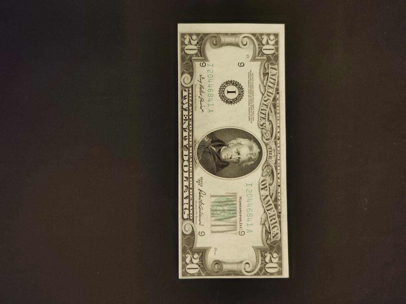 1950年20美元，偏裁