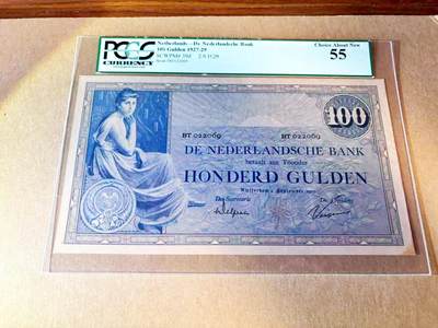 【Blue Auction】世界纸币精拍第785期——18级TOP拍卖/信誉/品质/专业/高效💫 -  【无47 高分少见】荷兰 早期 1927-29年100盾（比1000盾更少见）PCGS55 近新品相 灯下状态很好 超大票幅 女神 设计精美 （PMG最高分仅1张PMG63的 AU已是极难遇的品相了）