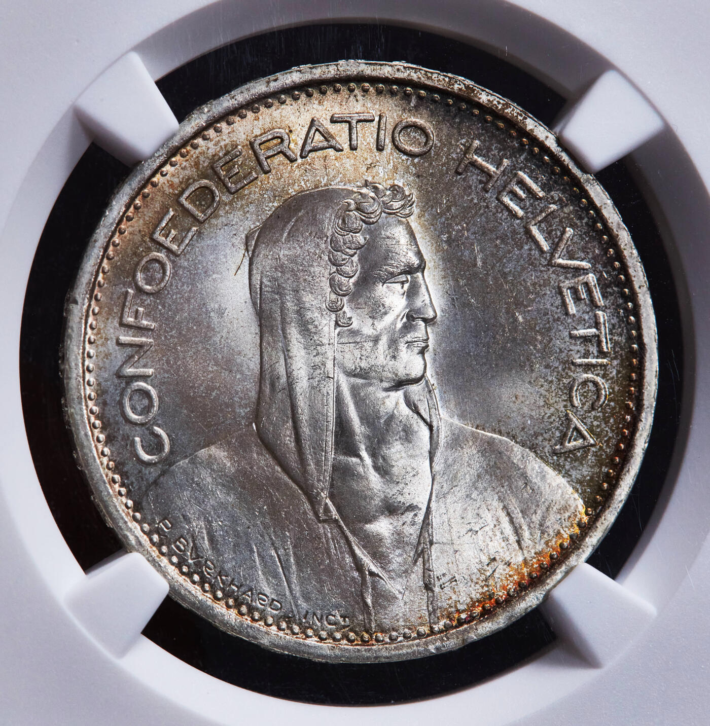 【俄甄集藏】马年新春第一拍 2026年(048)02-25星期三 晚 19:30 全场包邮 瑞士1953年B版5法郎银币，NGC MS63，五彩转光品相