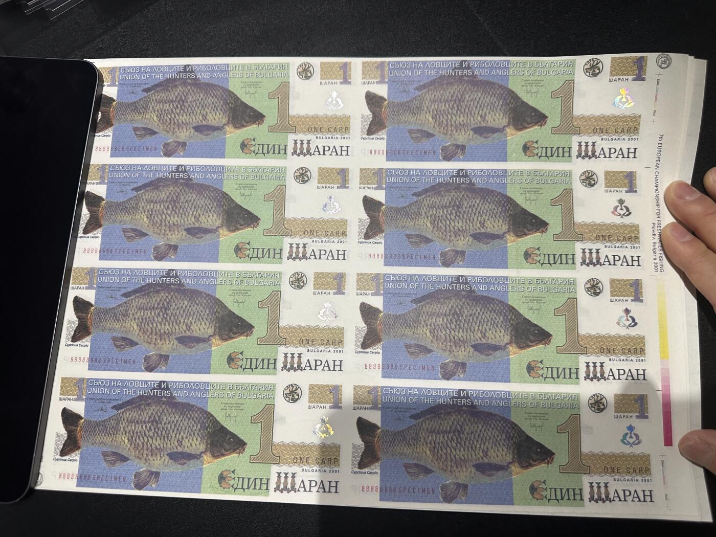 《外钞收藏家》第六百一十期（新年假期场/年后快递恢复正常再发货）（长期征集拍品、欢迎藏友们联系合作） 2001年保加利亚大鲤鱼纪念钞 样钞8连号 共四张连体钞 全新