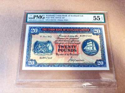 【Blue Auction】世界纸币精拍第785期——18级TOP拍卖/信誉/品质/专业/高效💫 - 苏格兰 1953年20镑 大票幅 背面大场景设计精美 PMG55EPQ 