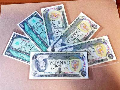 【Blue Auction】世界纸币精拍第785期——18级TOP拍卖/信誉/品质/专业/高效💫 - 【一组6张不同冠号及版本 含无47】加拿大 1954-1973年1元 全新UNC