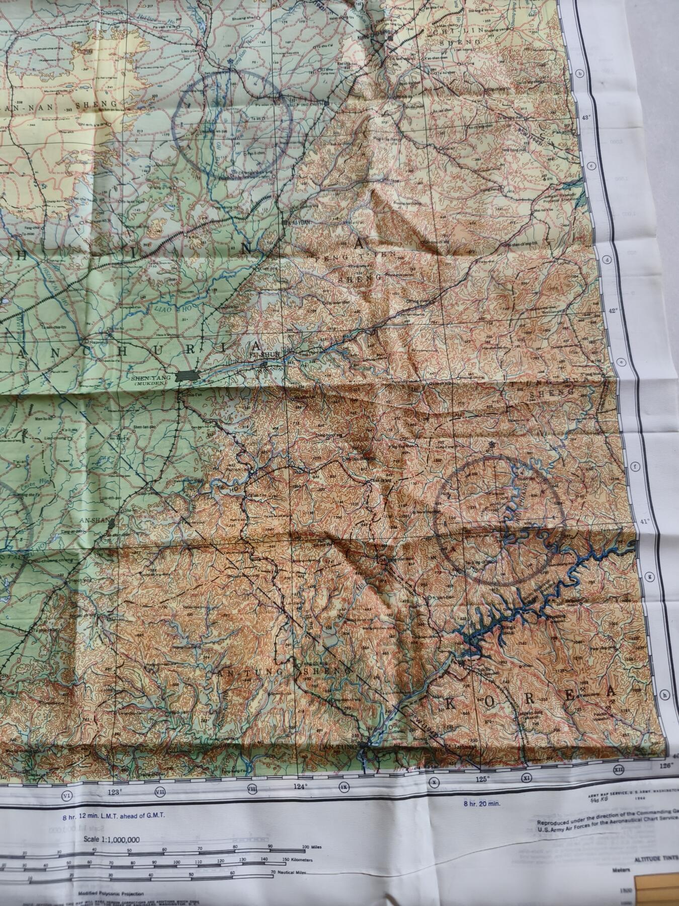 老王徽章第181期 美国二战陆军航空兵逃生图     中国战区      沈阳市+热河省     尺寸约60×60cm     少见版本