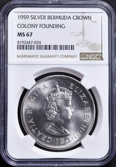 【俄甄集藏】马年新春第一拍 2026年(048)02-25星期三 晚 19:30 全场包邮 - 英属百慕大1959年伊丽莎白二世1克朗大银币，NGC MS67，原卷曝光顶级分数，该自治领独立发行的首枚钱币，28.28克，92.5%银，发行量10000枚