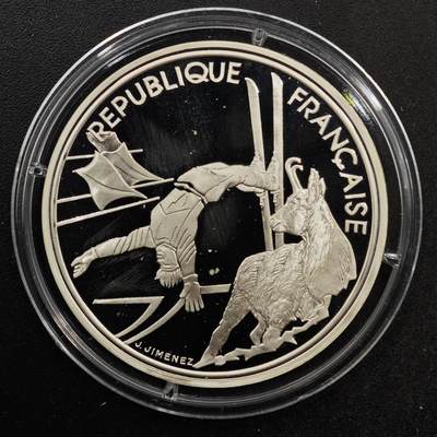 【淘币小摊】实时拍第八百七十拍   银币套币场    年前最后一场周一预留全部发出 本场无中意拍品可私信周日发货请更换最新收货地址不方便收货的请勿参拍或者顺丰到付 - 法国1990年100法郎精制银币 阿尔贝维尔冬奥会-回转滑雪 22.2克900银