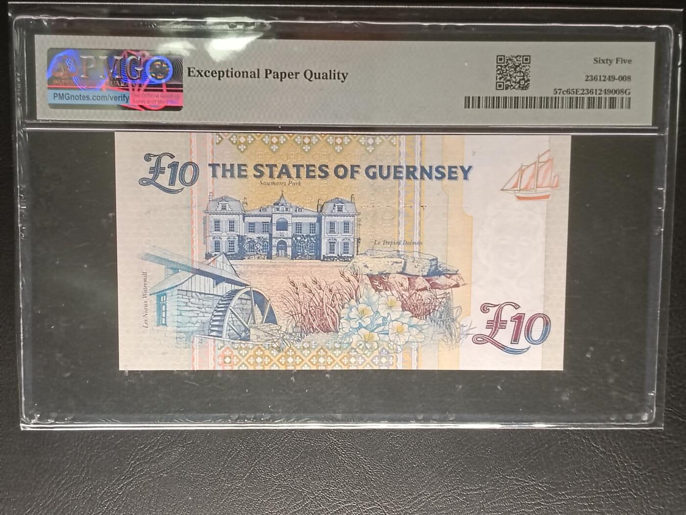 【年前末拍！】2026二月第二期，总216期 根西岛1995版10镑PMG65epq倒置百位小号196，老年女王和萨马尔兹公园