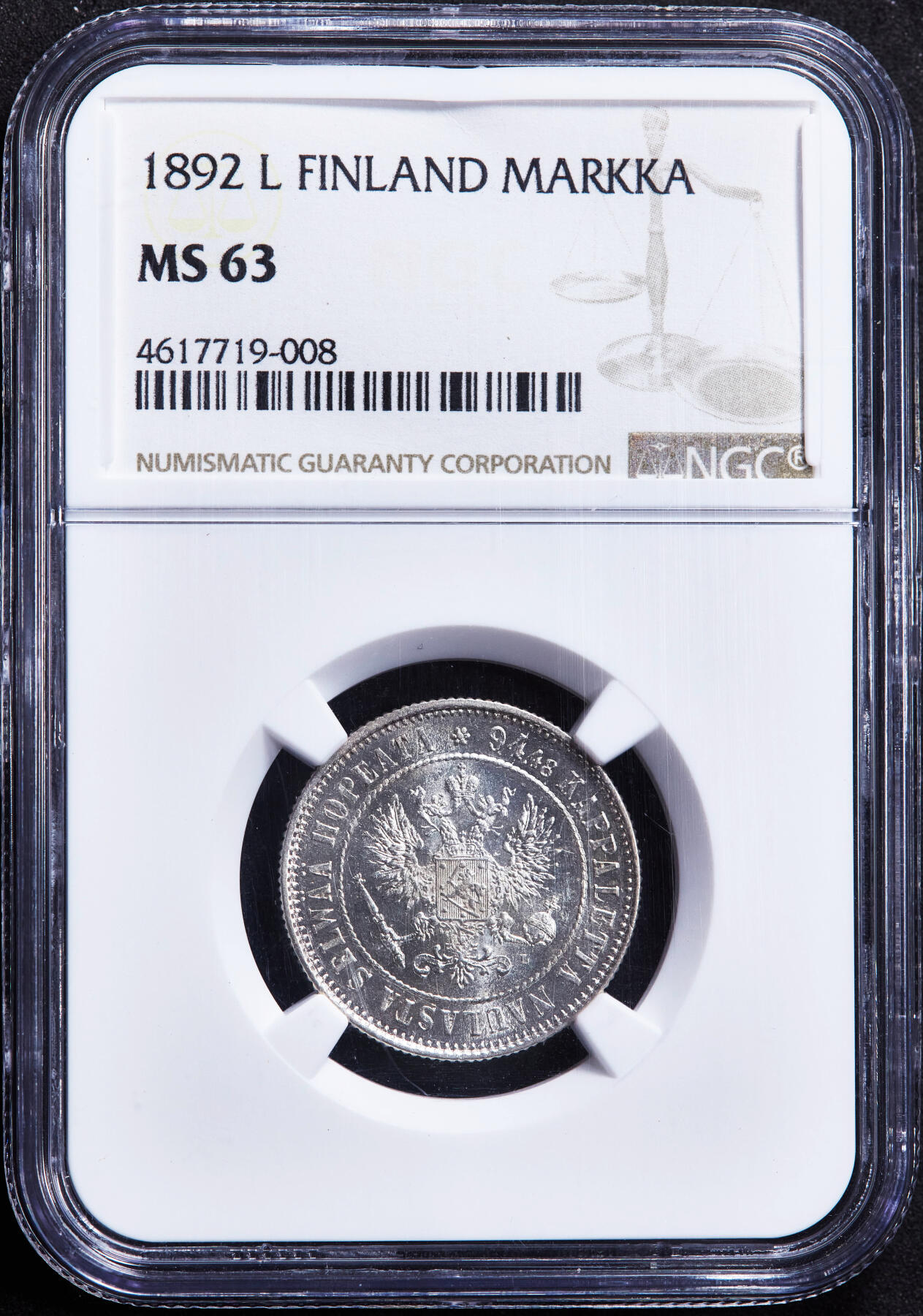 【俄甄集藏】马年新春第一拍 2026年(048)02-25星期三 晚 19:30 全场包邮 俄属芬兰1892年亚历山大三世L版1马克银币，NGC MS63，转光品相，稀少品种，MS罕见