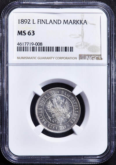 【俄甄集藏】马年新春第一拍 2026年(048)02-25星期三 晚 19:30 全场包邮 - 俄属芬兰1892年亚历山大三世L版1马克银币，NGC MS63，转光品相，稀少品种，MS罕见