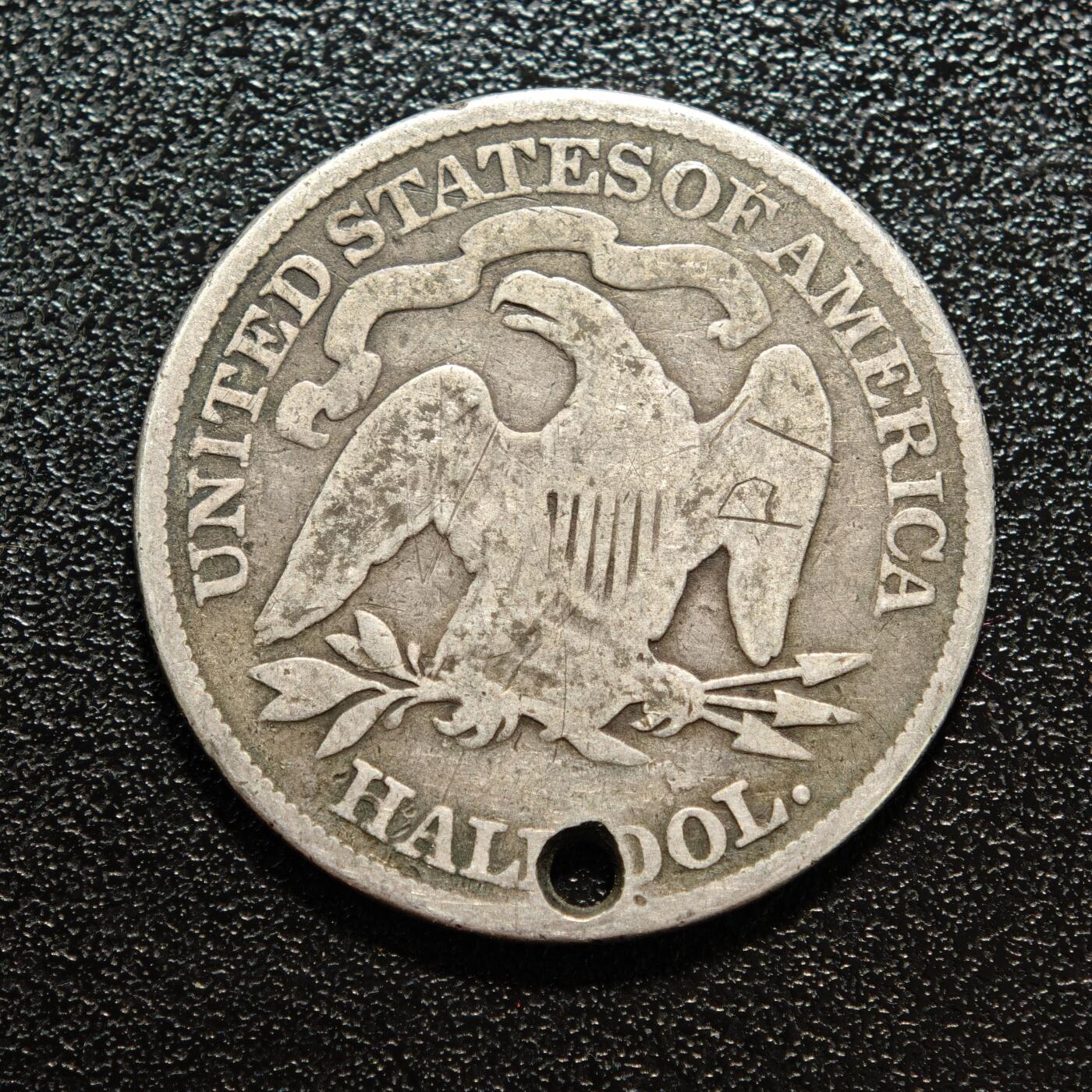 【德藏】世界币章拍卖第165期（拍品征集中~欢迎藏友联系） 1877年 美国坐洋半美元银币 有打孔 直径约：30.4mm；重约：11.7g