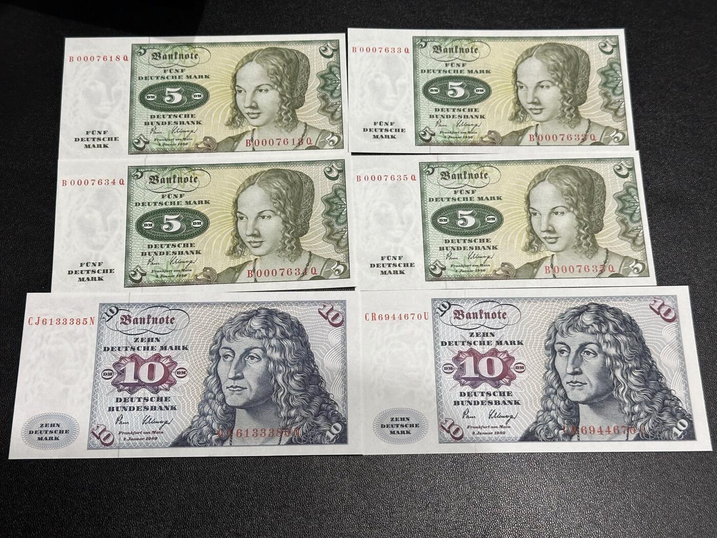 《外钞收藏家》第六百一十期（新年假期场/年后快递恢复正常再发货）（长期征集拍品、欢迎藏友们联系合作） 1980西德倒二版5和10马克 六张一起 全新