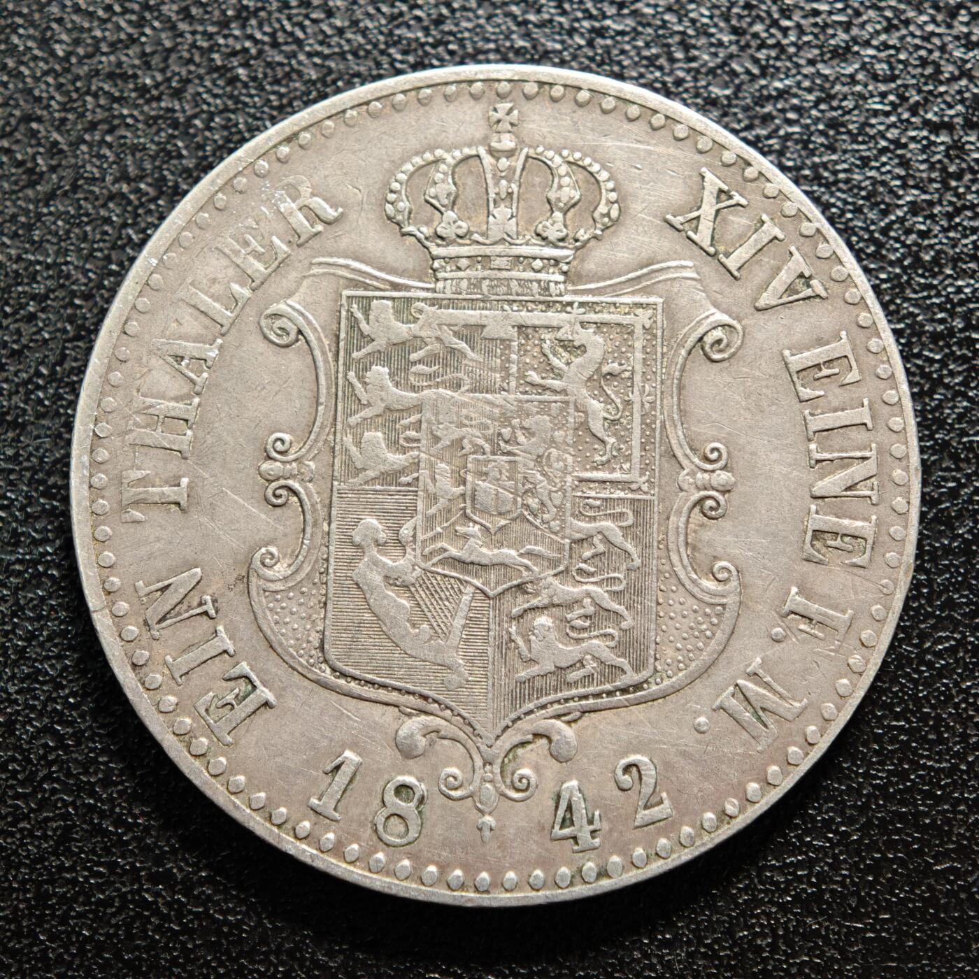 【德藏】世界币章拍卖第165期（拍品征集中~欢迎藏友联系） 1842年 德国汉诺威王国 恩斯特·奥古斯特一世 1泰勒银币 直径约：34.6mm；重约：22.1g
