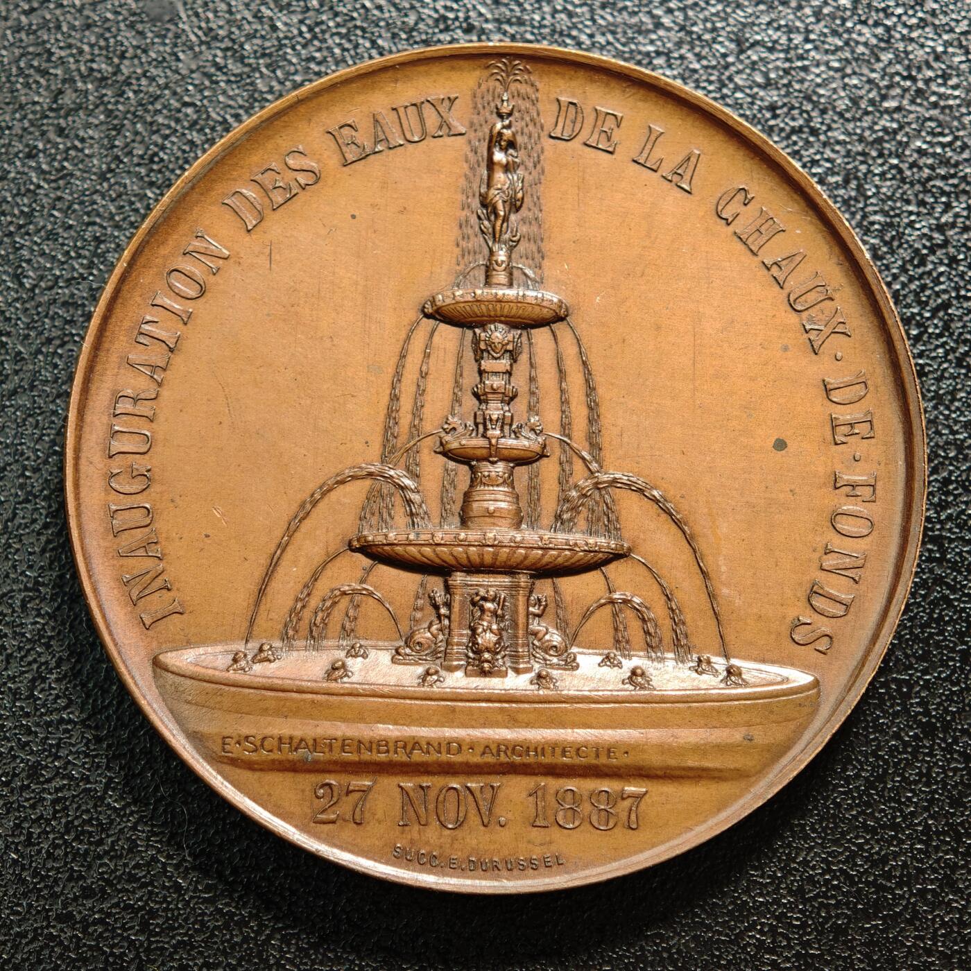 【德藏】世界币章拍卖第165期（拍品征集中~欢迎藏友联系） 1887年 瑞士绍德封市供水系统落成高浮雕纪念铜章 直径约：46.4mm；重约：50g