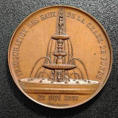 【德藏】世界币章拍卖第165期（拍品征集中~欢迎藏友联系） - 1887年 瑞士绍德封市供水系统落成高浮雕纪念铜章 直径约：46.4mm；重约：50g