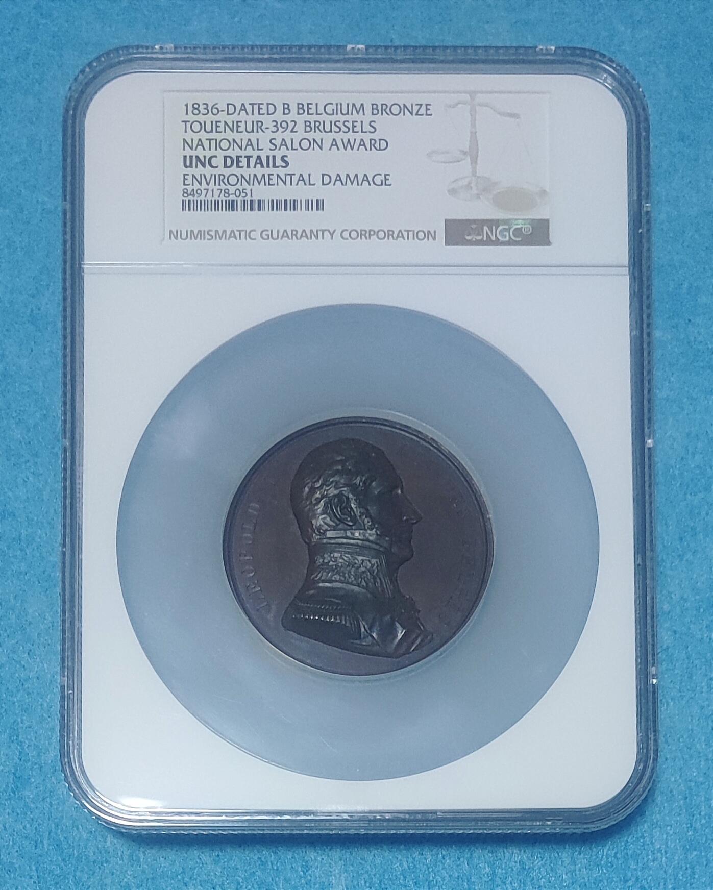 2月8日 🌏全球币章 珍品：1836年，比利时《布鲁塞尔-国家沙龙奖》纪念奖章大铜章，应为官方发行，布鲁塞尔皇家造币厂制造，NGC-UNC