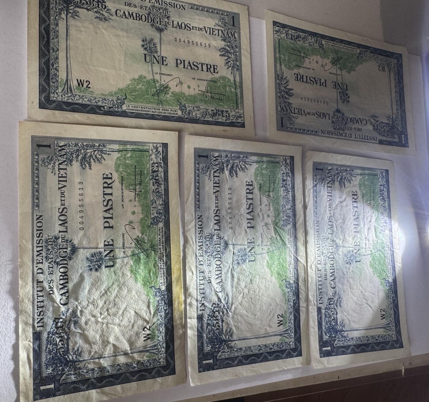 2026第3场（总第230期）：精品测试钞、外钞综合场 法属印度支那/越南1954年版1 披亚士特一组5枚连号（品如图）