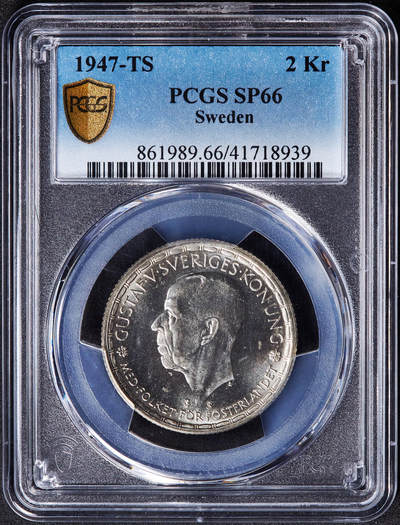 【俄甄集藏】马年新春第一拍 2026年(048)02-25星期三 晚 19:30 全场包邮 - 瑞典1947年古斯塔夫五世TS版2克朗银样币，PCGS SP66，精制底板，稀有品种