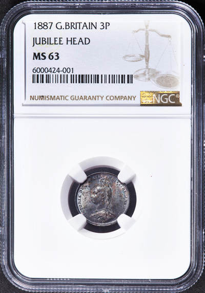 【俄甄集藏】马年新春第一拍 2026年(048)02-25星期三 晚 19:30 全场包邮 - 英国1887年维多利亚高冠3便士银币，NGC MS63，五彩包浆，转光品相