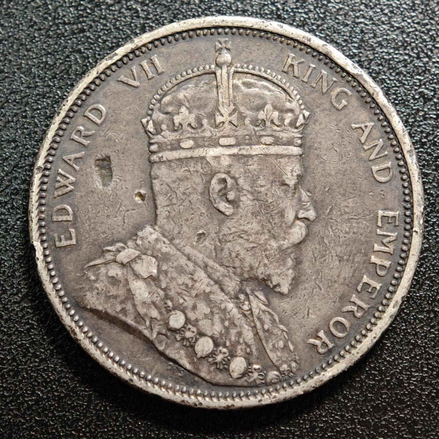 【德藏】世界币章拍卖第165期（拍品征集中~欢迎藏友联系） 1904年 英属海峡爱德华七世壹圆银币 有戳 直径约：37.1mm；重约：26.9g