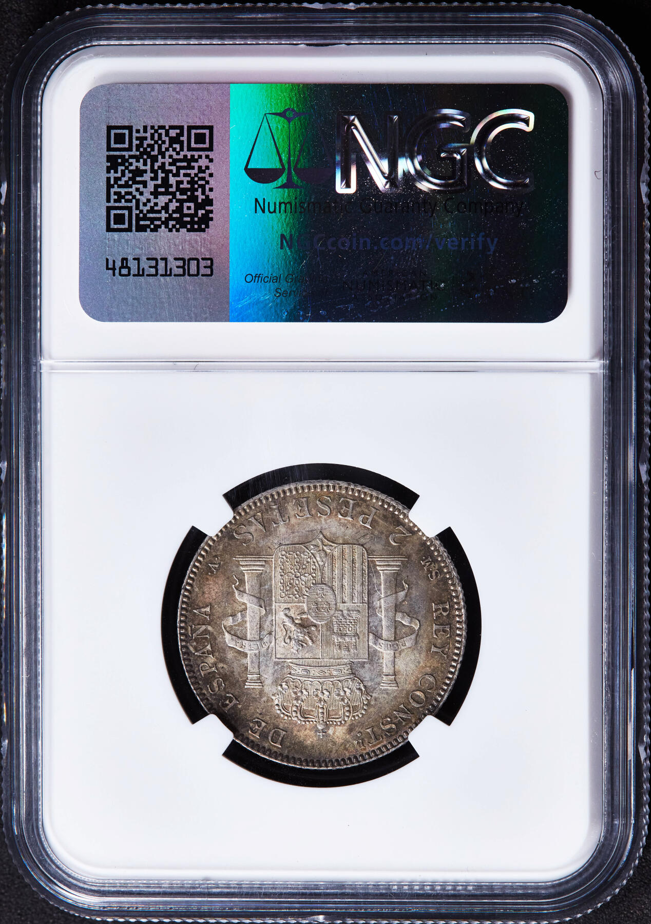 【俄甄集藏】马年新春第一拍 2026年(048)02-25星期三 晚 19:30 全场包邮 西班牙1905年阿方索十三世骑字版2比塞塔银币，NGC MS63，原味五彩包浆，转光品相