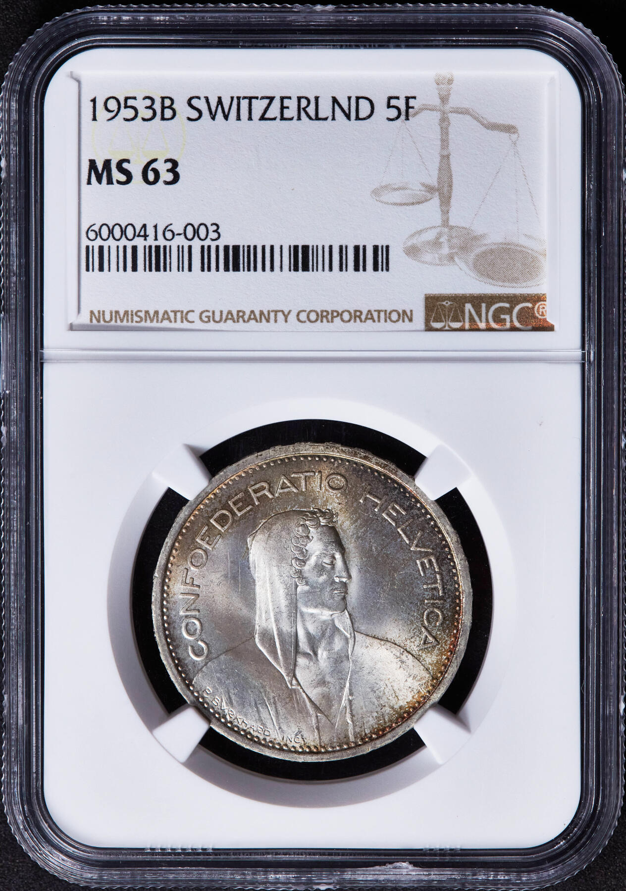 【俄甄集藏】马年新春第一拍 2026年(048)02-25星期三 晚 19:30 全场包邮 瑞士1953年B版5法郎银币，NGC MS63，五彩转光品相