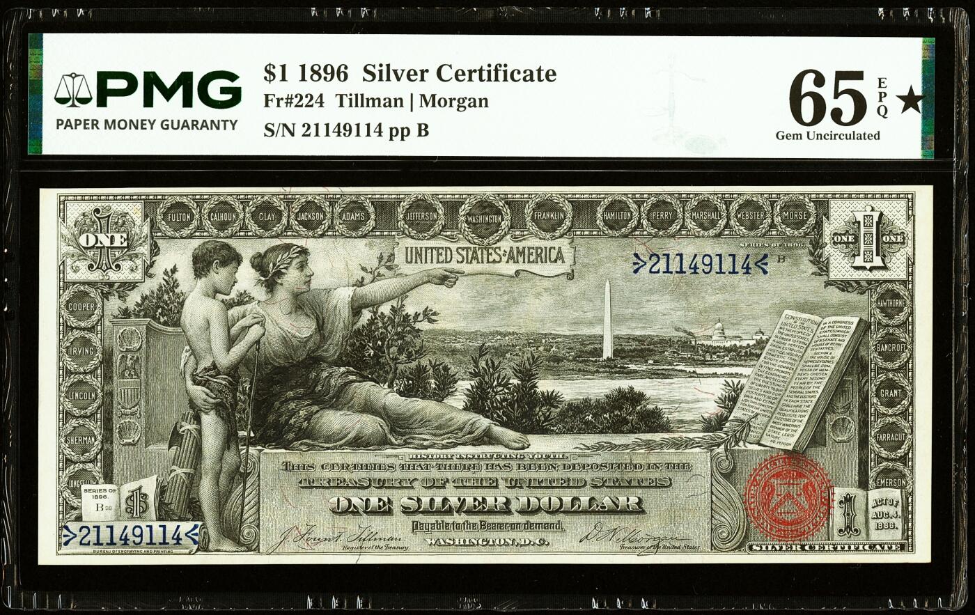【Blue Auction】世界纸币精拍第785期——18级TOP拍卖/信誉/品质/专业/高效💫  【带星极难遇到 带星最高分 非常有特色值得收藏】美国 1896年1美金 经典教育券 备受收藏家青睐 在鲍尔斯和桑德曼的著作《TOP100最伟大的美国纸币》中排名第7 正面是《历史教育青年》的大幅装饰图案 （在正面背景中可以清晰看到华盛顿纪念碑、铸印局和美国国会大厦）背面是华盛顿和第一夫人雕刻人像及纹饰 油墨凹凸感俱佳 PMG65EPQ星星（该分带星仅3张 比103张记录的66分难评太多了）