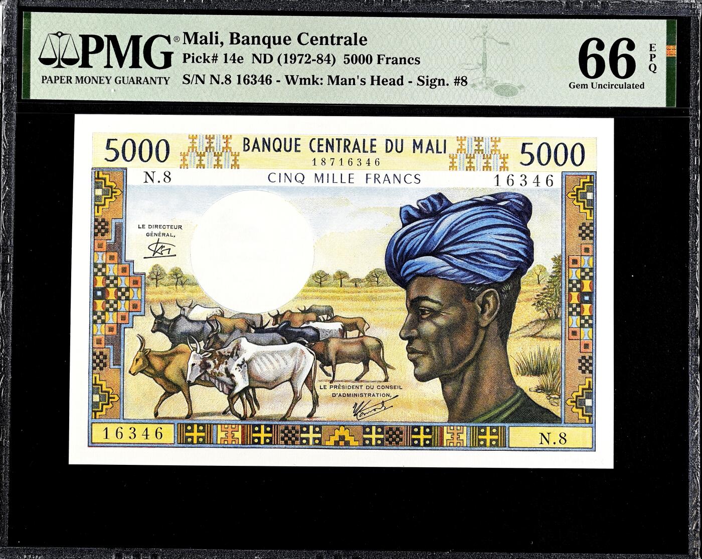 【Blue Auction】世界纸币精拍第785期——18级TOP拍卖/信誉/品质/专业/高效💫  马里 1972-84年5000法郎 棉花姐 PMG66EPQ 法属风 设计精美 