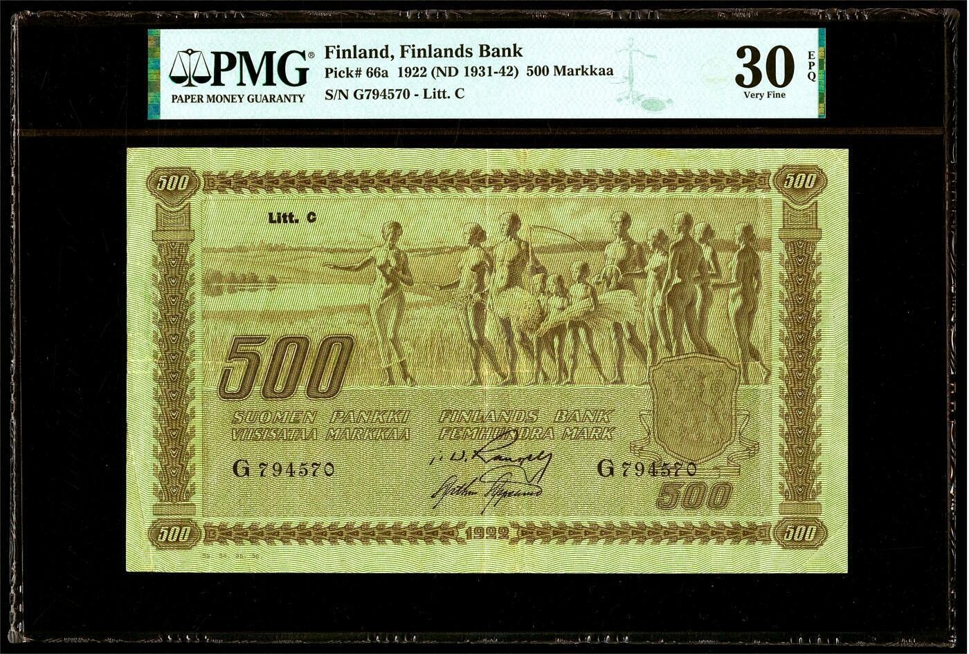 【Blue Auction】世界纸币精拍第785期——18级TOP拍卖/信誉/品质/专业/高效💫 【仅2张更高分】芬兰早期 1922年500马克 次高值 超大票幅 寓言十一裸者 该品种没有全新存世 PMG30EPQ 原票 目录价VF品相750美金