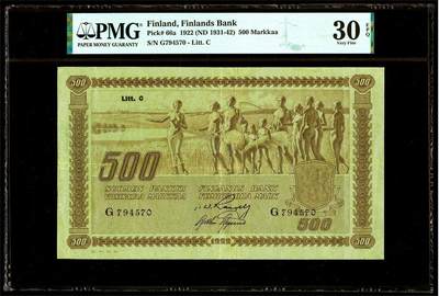 【Blue Auction】世界纸币精拍第785期——18级TOP拍卖/信誉/品质/专业/高效💫 - 【仅2张更高分】芬兰早期 1922年500马克 次高值 超大票幅 寓言十一裸者 该品种没有全新存世 PMG30EPQ 原票 目录价VF品相750美金