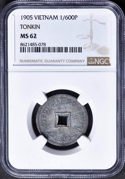 【俄甄集藏】马年新春第一拍 2026年(048)02-25星期三 晚 19:30 全场包邮 - 法属印度支那东京湾1905年1/600皮阿斯特锌币，NGC MS62，原光品相