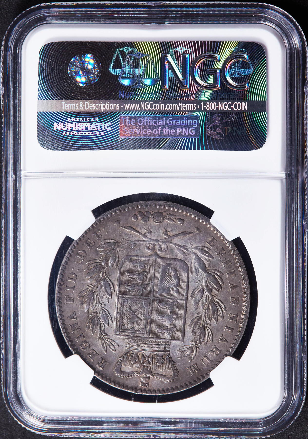 【俄甄集藏】马年新春第一拍 2026年(048)02-25星期三 晚 19:30 全场包邮 英国1845年维多利亚青年头像盾徽1克朗大银币，NGC AU50，原味黄油酱彩老包浆，底光犹存，名誉品种，味道佳