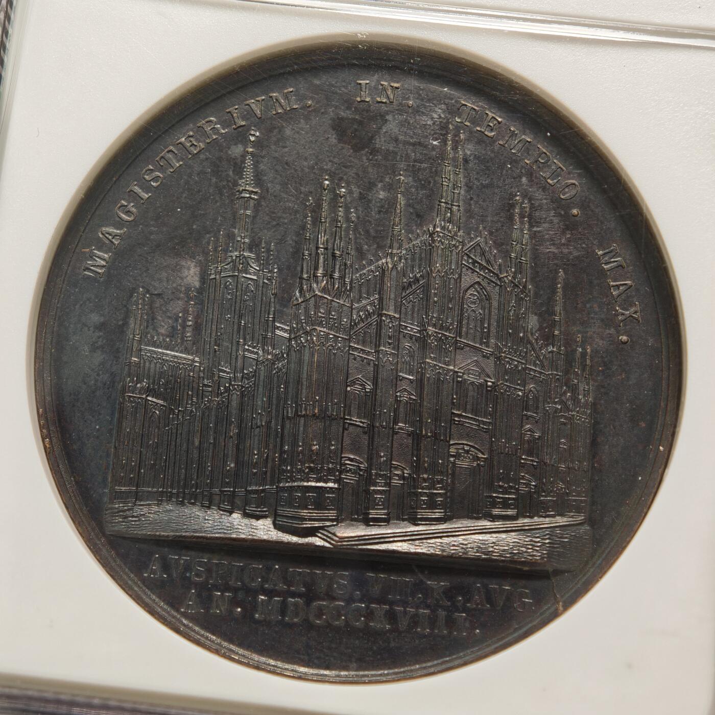 【德藏】世界币章拍卖第165期（拍品征集中~欢迎藏友联系） 1818年 意大利米兰大主教在米兰大教堂就职典礼44mm高浮雕纪念铜章 NGC MS61 正面是大主教胸前佩戴十字架右侧面肖像，背面是米兰大教堂建筑立面。高浮雕工艺，经历200多年历史沧桑仍品相完好，少见品种，可遇不可求