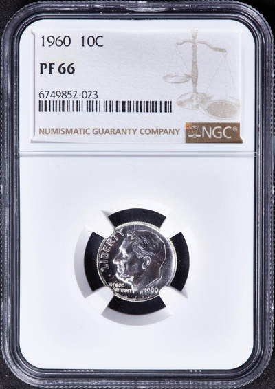 【俄甄集藏】马年新春第一拍 2026年(048)02-25星期三 晚 19:30 全场包邮 - 美国1960年罗斯福10美分精制银币，NGC PF66，少见