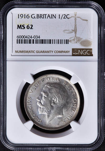 【俄甄集藏】马年新春第一拍 2026年(048)02-25星期三 晚 19:30 全场包邮 - 英国1916年乔治五世半克朗银币，NGC MS62，转光品相