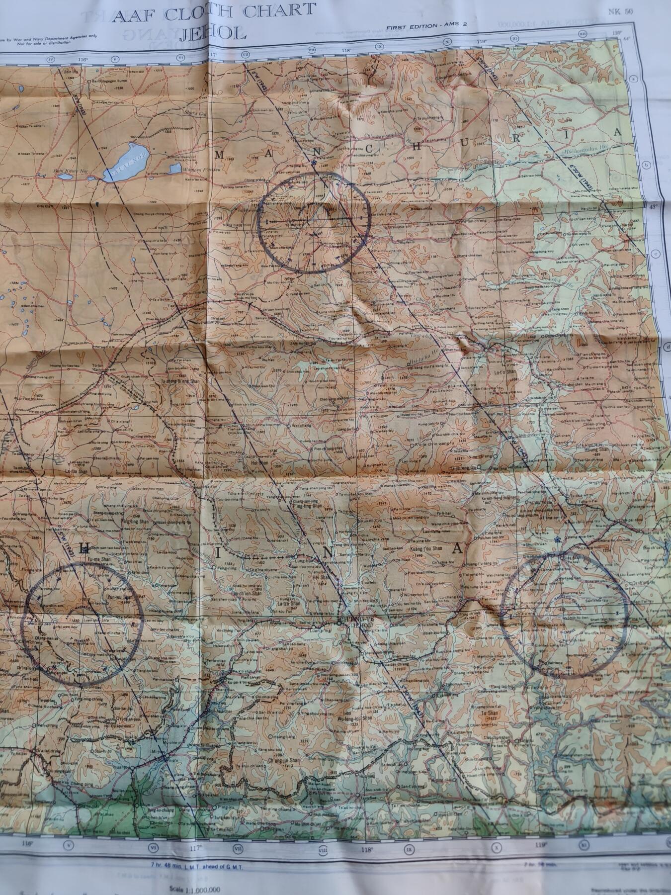 老王徽章第181期 美国二战陆军航空兵逃生图     中国战区      沈阳市+热河省     尺寸约60×60cm     少见版本