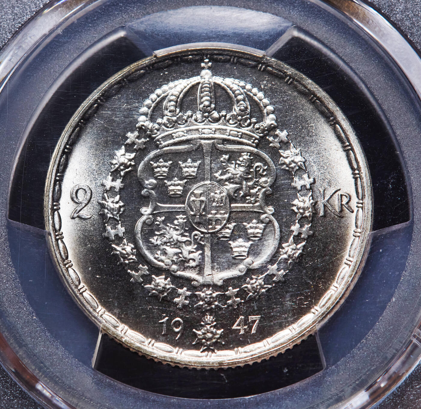 【俄甄集藏】马年新春第一拍 2026年(048)02-25星期三 晚 19:30 全场包邮 瑞典1947年古斯塔夫五世TS版2克朗银样币，PCGS SP66，精制底板，稀有品种